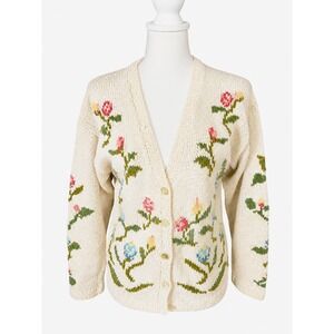 Lands' End Vintage Cream Floral Button Front Cardigan Sweater Women's M Grandma